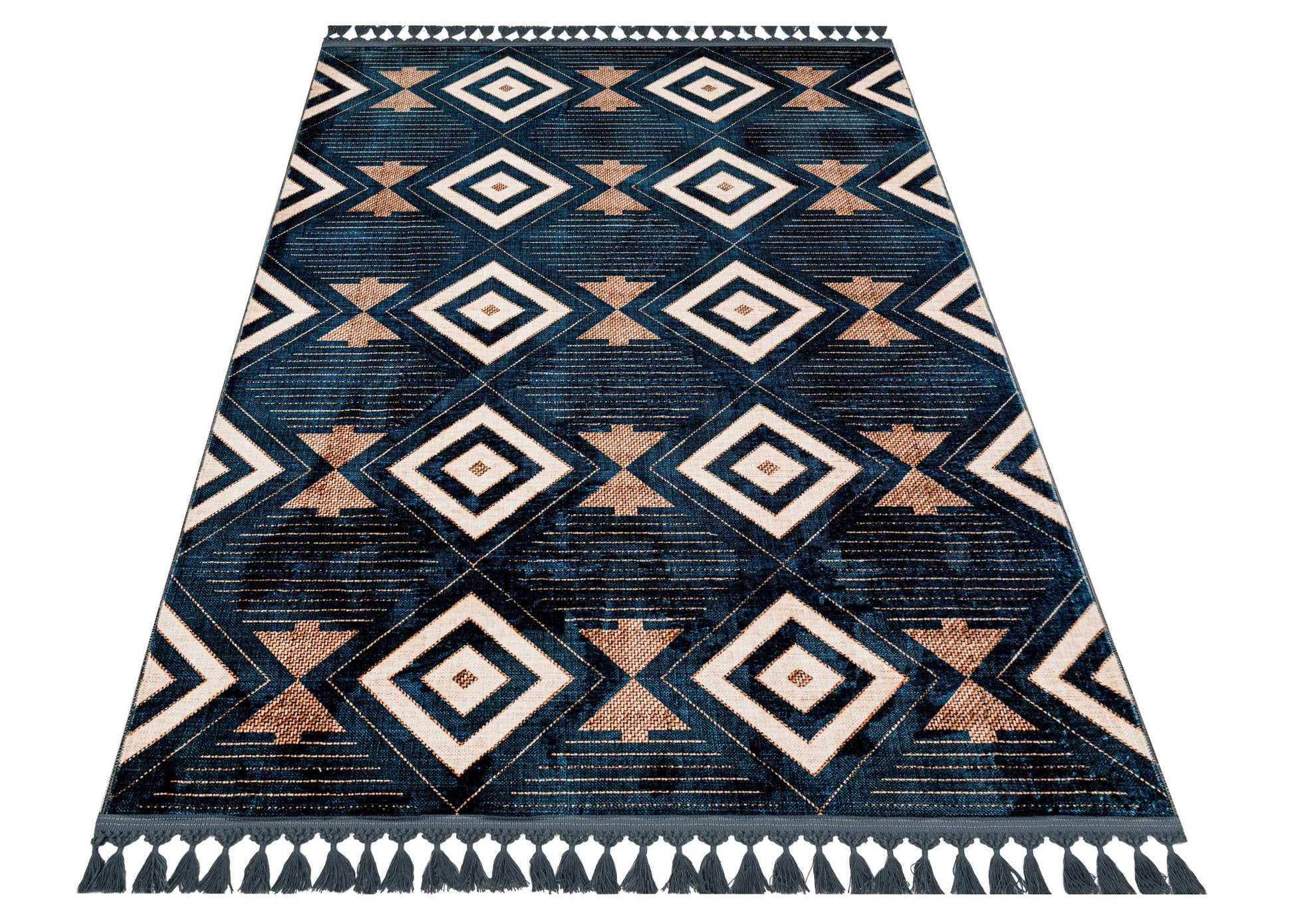 Krem Mavi Baklava Desenli Bohem Triko Halı - Yıkanabilir - Kaymaz Taban - Pati Dostu