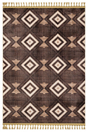 Krem Vizon Baklava Desenli Bohem Triko Halı - Yıkanabilir - Kaymaz Taban - Pati Dostu