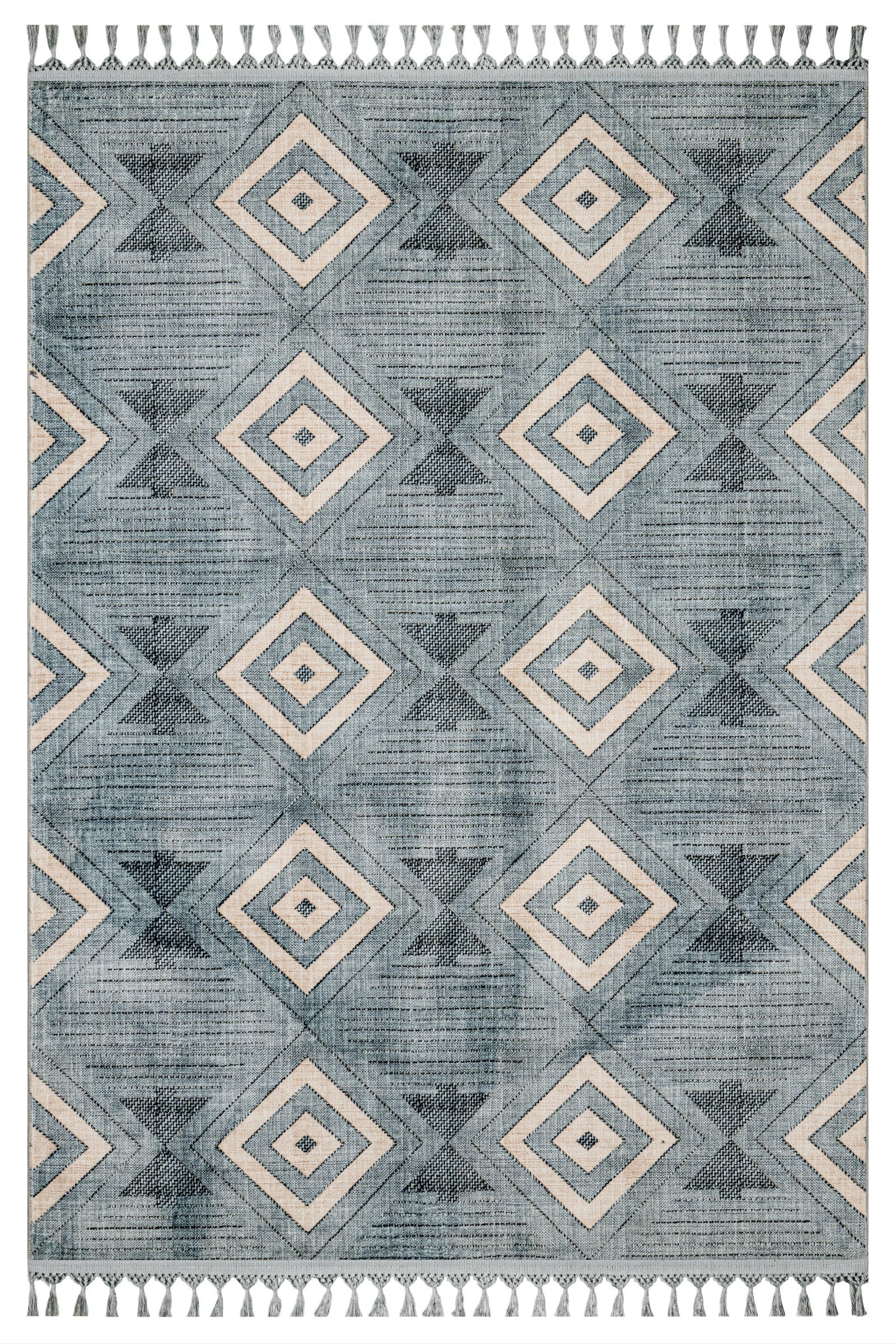 Gri Krem Baklava Desenli Bohem Triko Halı - Yıkanabilir - Kaymaz Taban - Pati Dostu