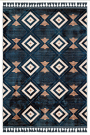 Krem Mavi Baklava Desenli Bohem Triko Halı - Yıkanabilir - Kaymaz Taban - Pati Dostu