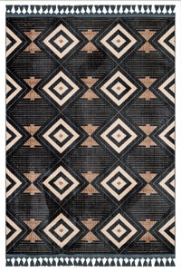 Ethnic Geometric Black and Beige Washable Area Rug
