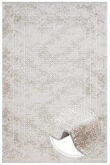 White Rug with Geometric Pattern and Beige Border