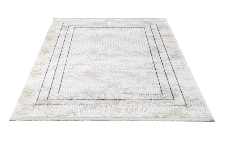 Tappeto in acrilico color crema e blu con motivo geometrico – in corridoio