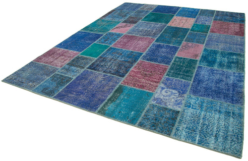 Kırk Yama Mavi Patchwork Pamuk Yün El Dokuma Halısı 260x353 Agacan