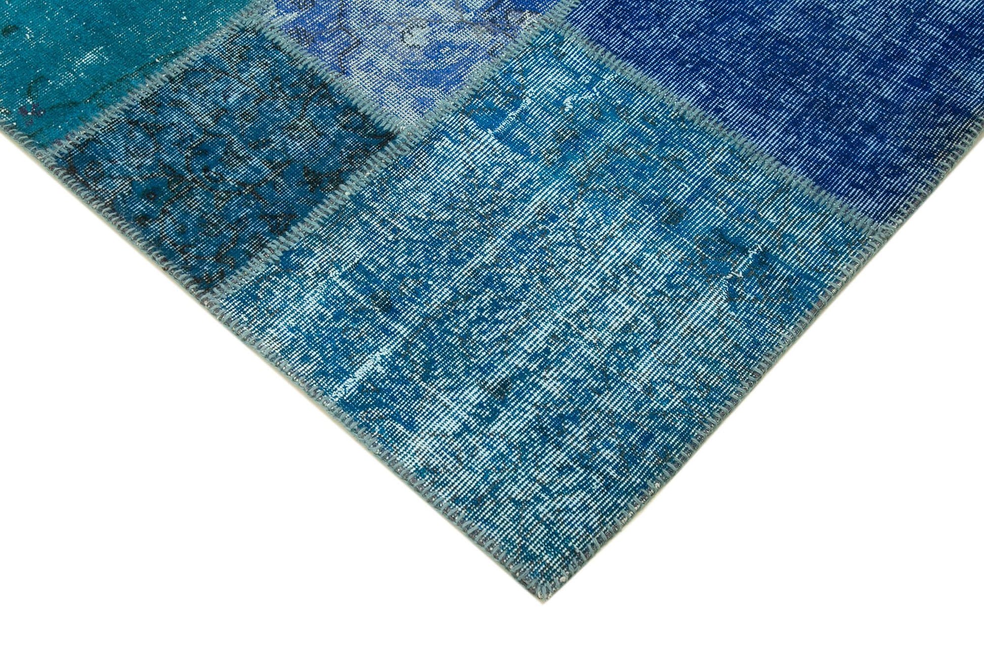 Kırk Yama Mavi Patchwork Pamuk Yün El Dokuma Halısı 260x353 Agacan