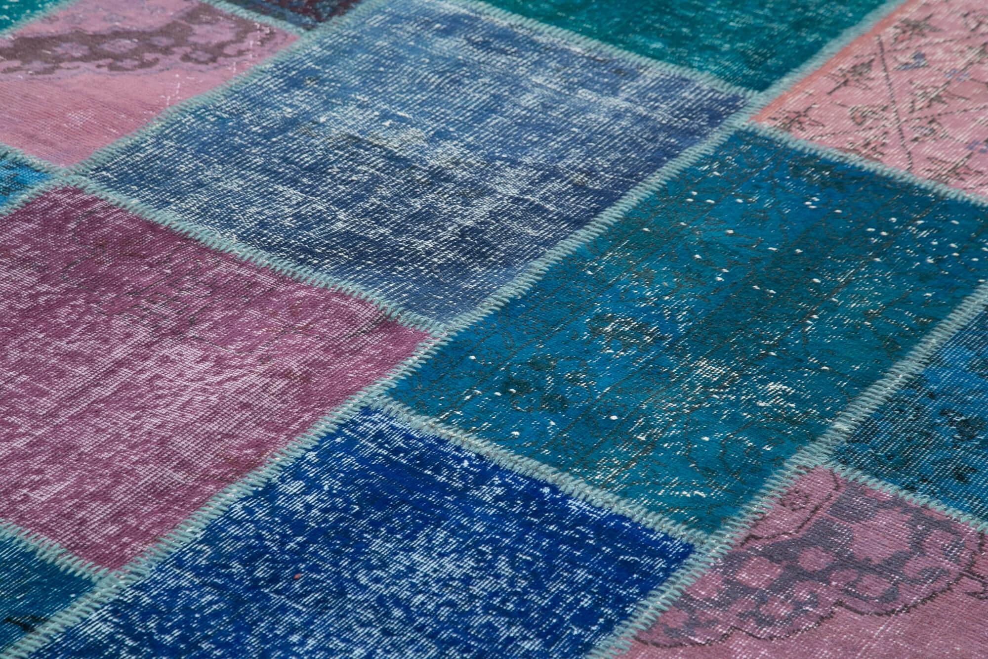 Kırk Yama Mavi Patchwork Pamuk Yün El Dokuma Halısı 260x353 Agacan