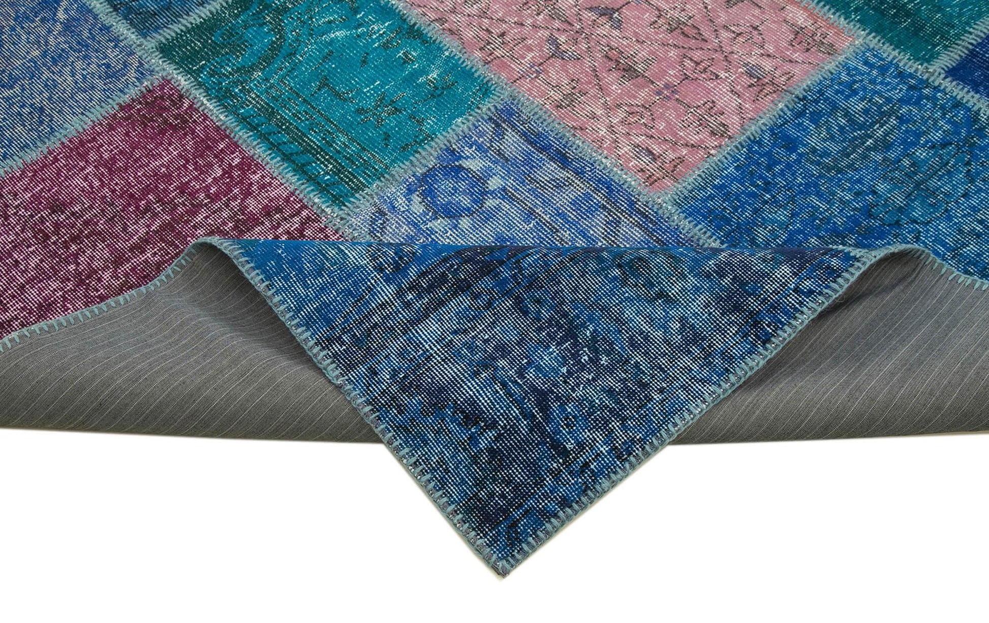 Kırk Yama Mavi Patchwork Pamuk Yün El Dokuma Halısı 260x353 Agacan