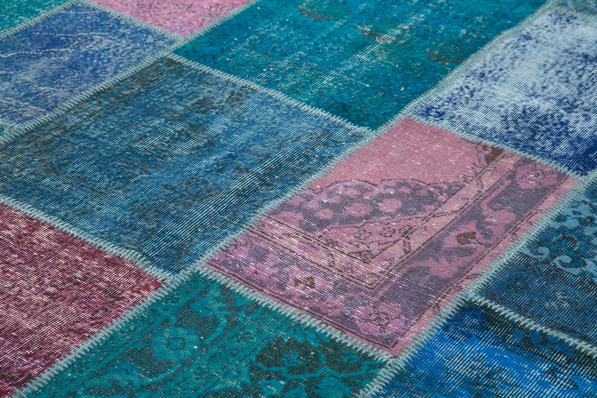 Kırk Yama Mavi Patchwork Pamuk Yün El Dokuma Halısı 260x356 Agacan