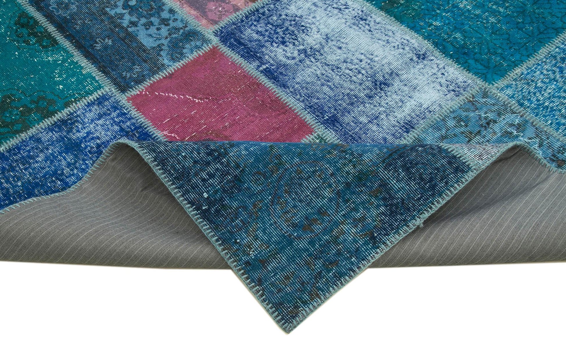 Kırk Yama Mavi Patchwork Pamuk Yün El Dokuma Halısı 260x356 Agacan