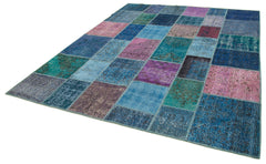 Kırk Yama Mavi Patchwork Pamuk Yün El Dokuma Halısı 246x303 Agacan