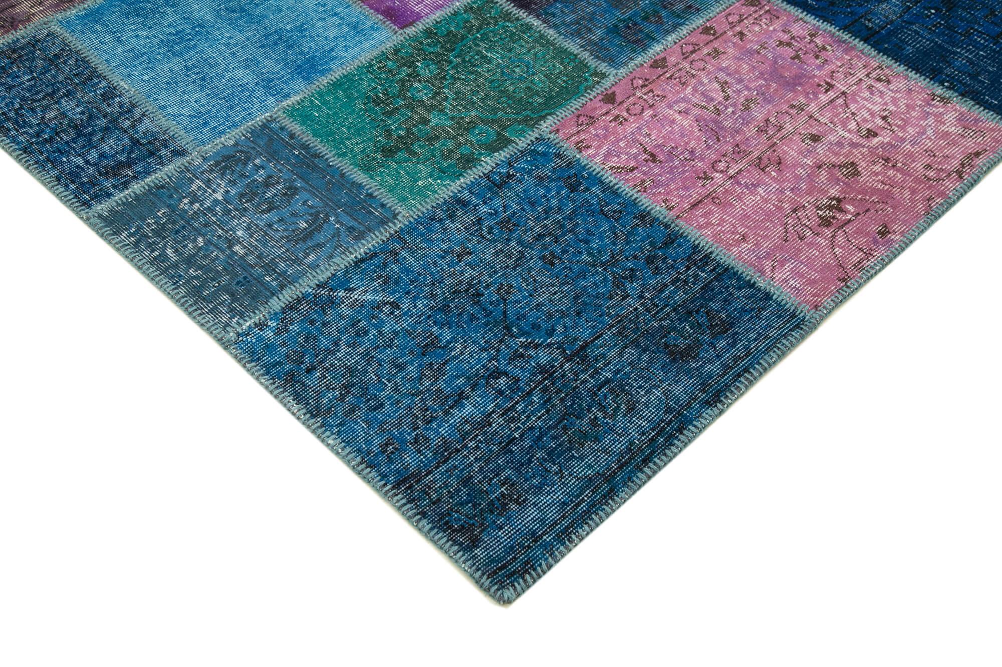 Kırk Yama Mavi Patchwork Pamuk Yün El Dokuma Halısı 246x303 Agacan