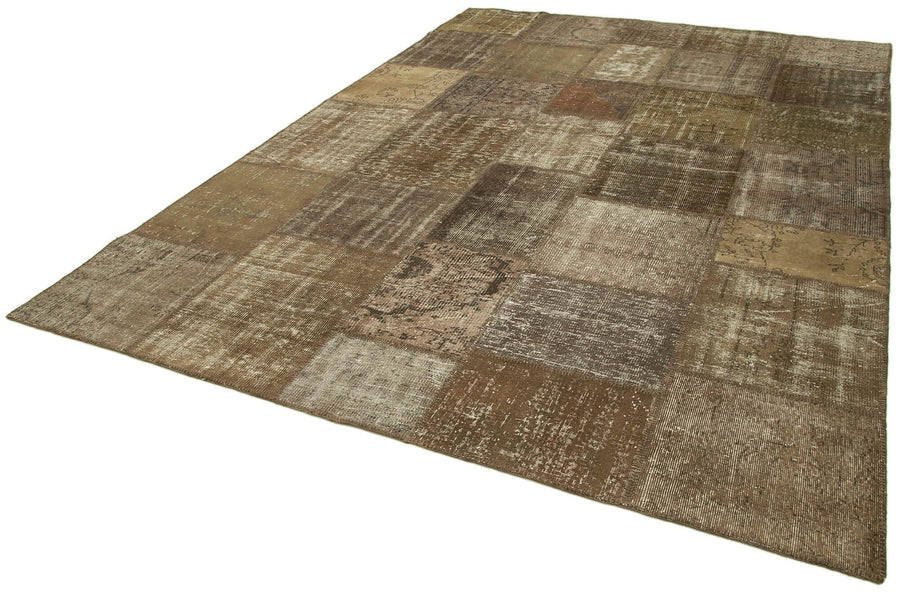 Kırk Yama Kahverengi Patchwork Pamuk Yün El Dokuma Halısı 253x355 Agacan