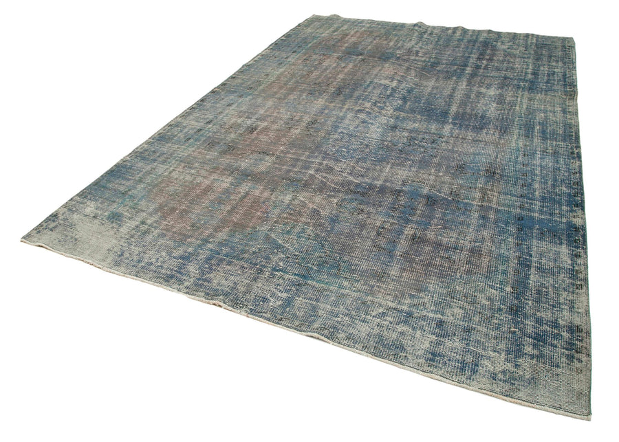 Overdyed Vintage Mavi Eskitme Pamuk Yün El Dokuma Halısı 215x317 Agacan