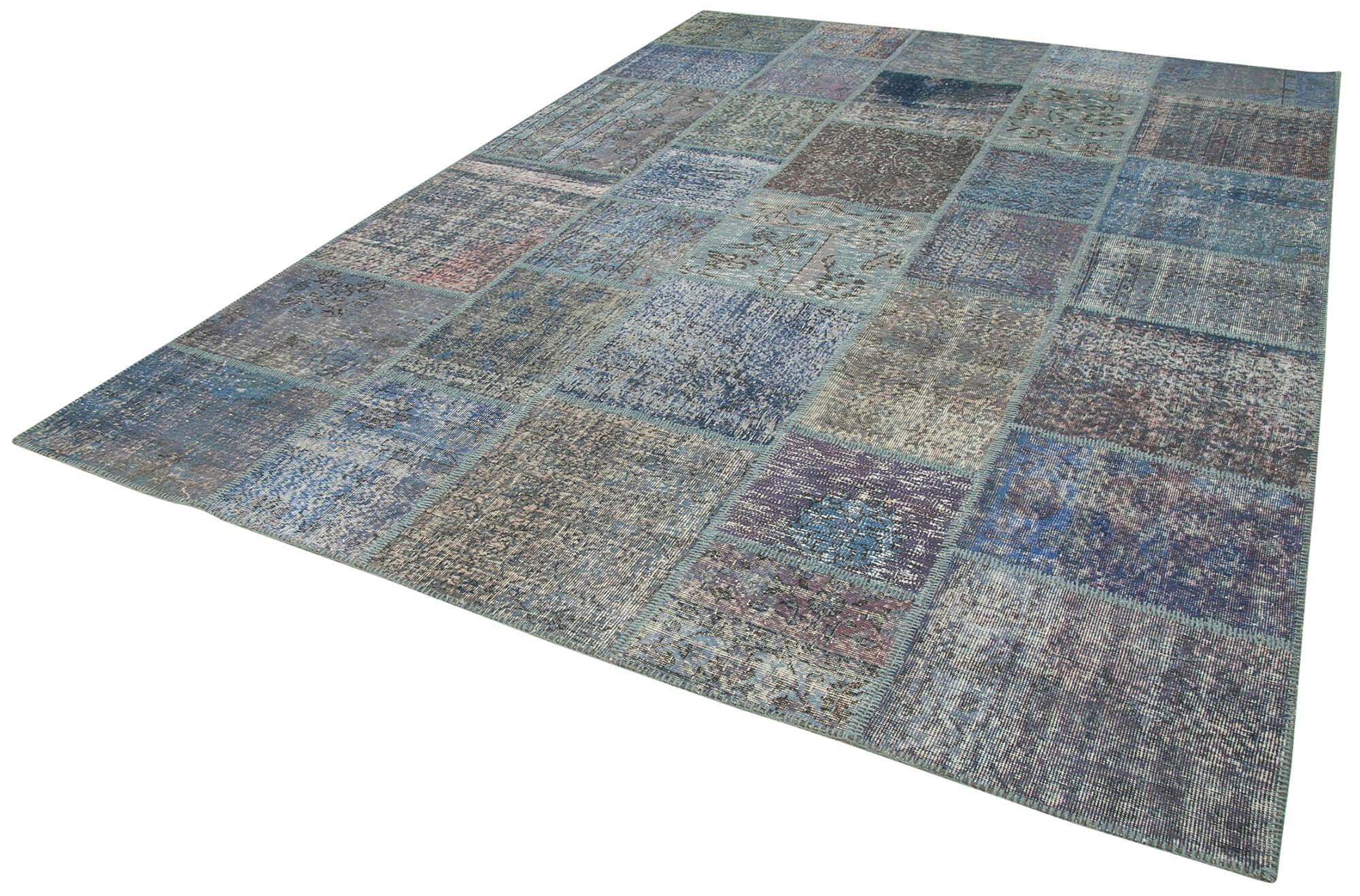Kırk Yama Mavi Patchwork Pamuk Yün El Dokuma Halısı 251x354 Agacan