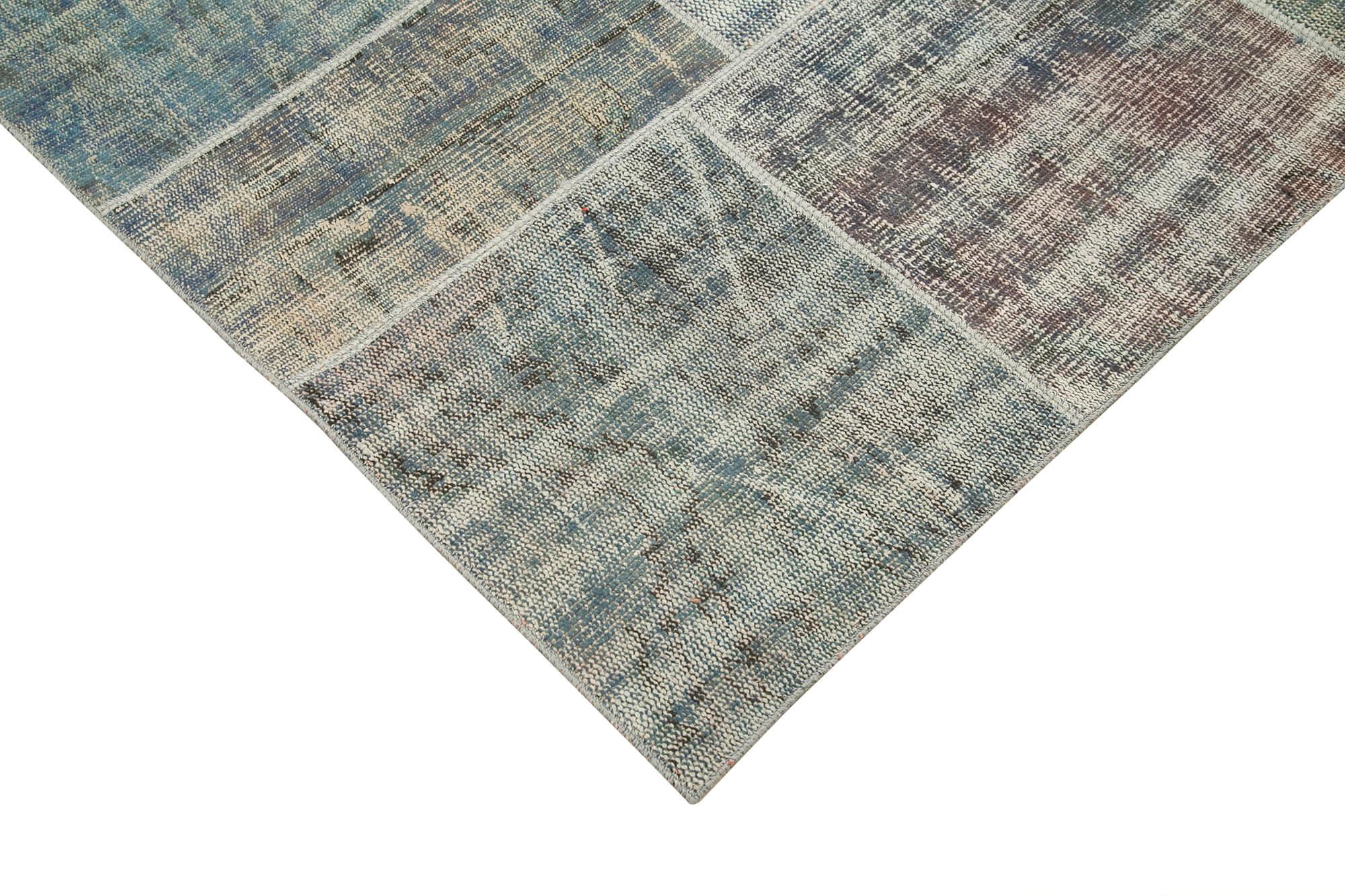Kırk Yama Mavi Patchwork Pamuk Yün El Dokuma Halısı 251x355 Agacan