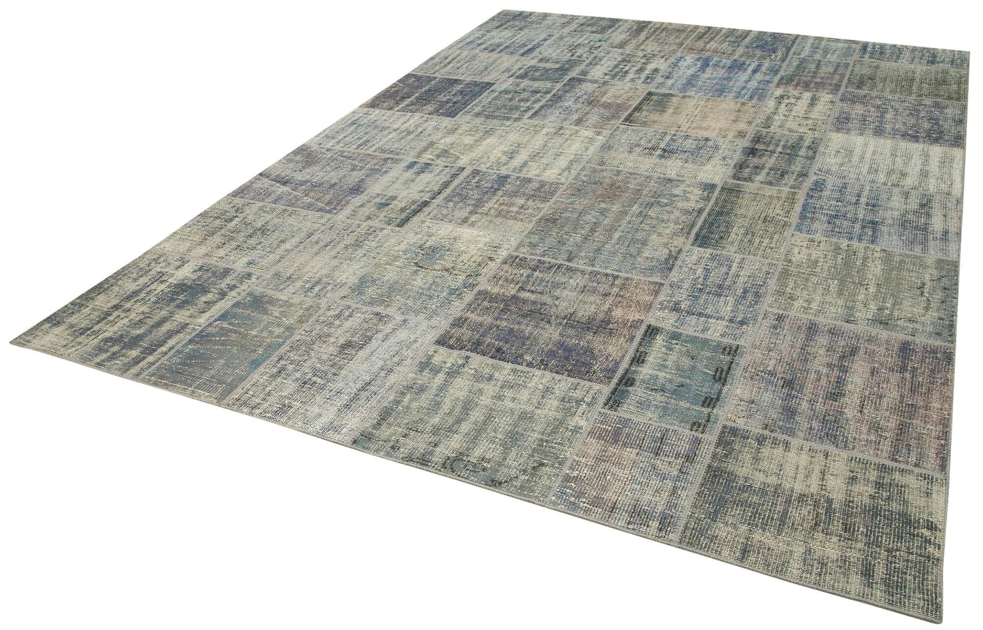 Kırk Yama Mavi Patchwork Pamuk Yün El Dokuma Halısı 251x355 Agacan