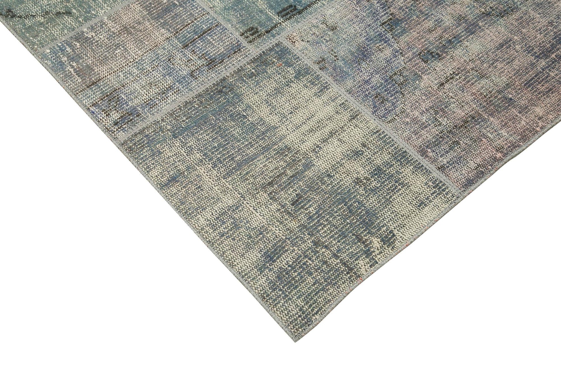 Kırk Yama Mavi Patchwork Pamuk Yün El Dokuma Halısı 251x355 Agacan