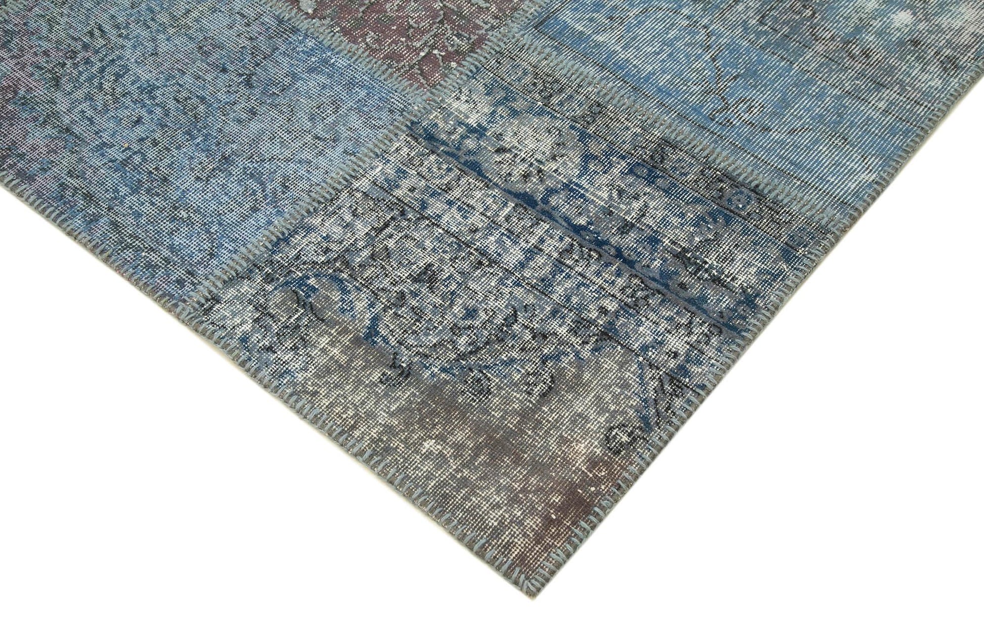 Kırk Yama Mavi Patchwork Pamuk Yün El Dokuma Halısı 253x354 Agacan