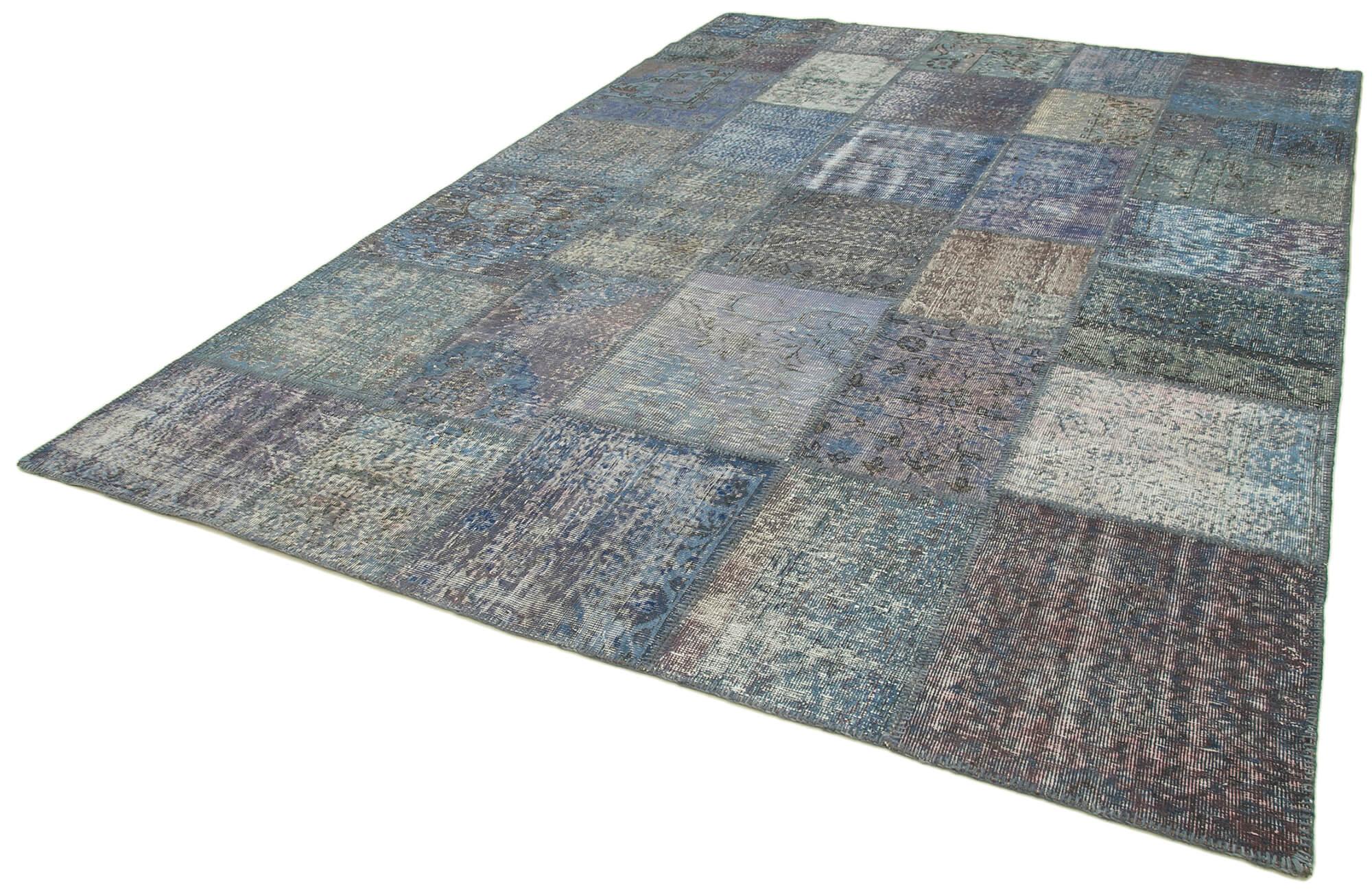 Kırk Yama Mavi Patchwork Pamuk Yün El Dokuma Halısı 252x355 Agacan