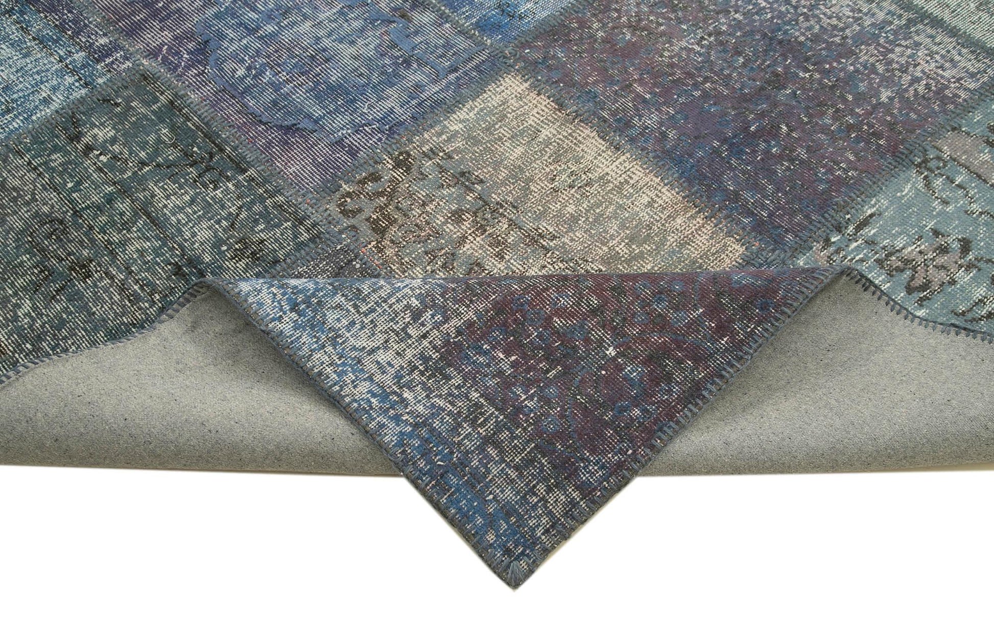 Kırk Yama Mavi Patchwork Pamuk Yün El Dokuma Halısı 252x355 Agacan