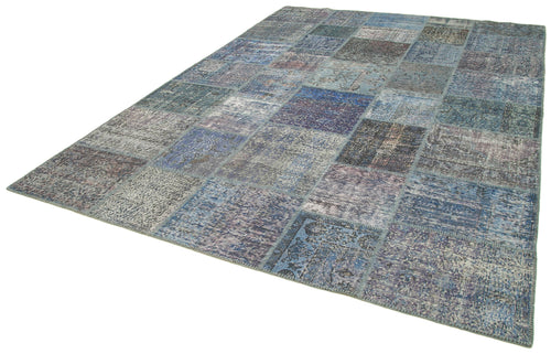 Kırk Yama Mavi Patchwork Pamuk Yün El Dokuma Halısı 253x356 Agacan