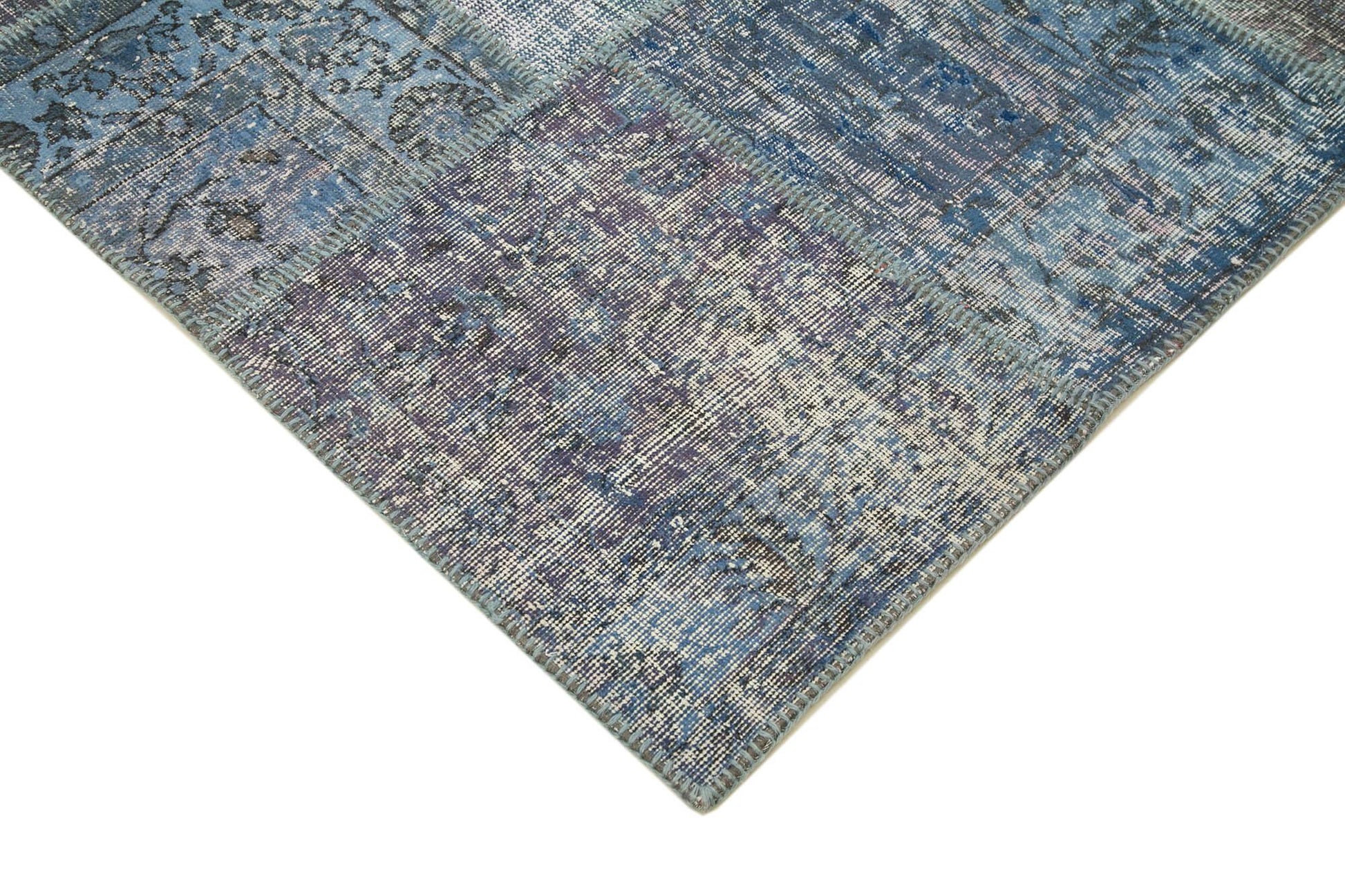 Kırk Yama Mavi Patchwork Pamuk Yün El Dokuma Halısı 253x356 Agacan