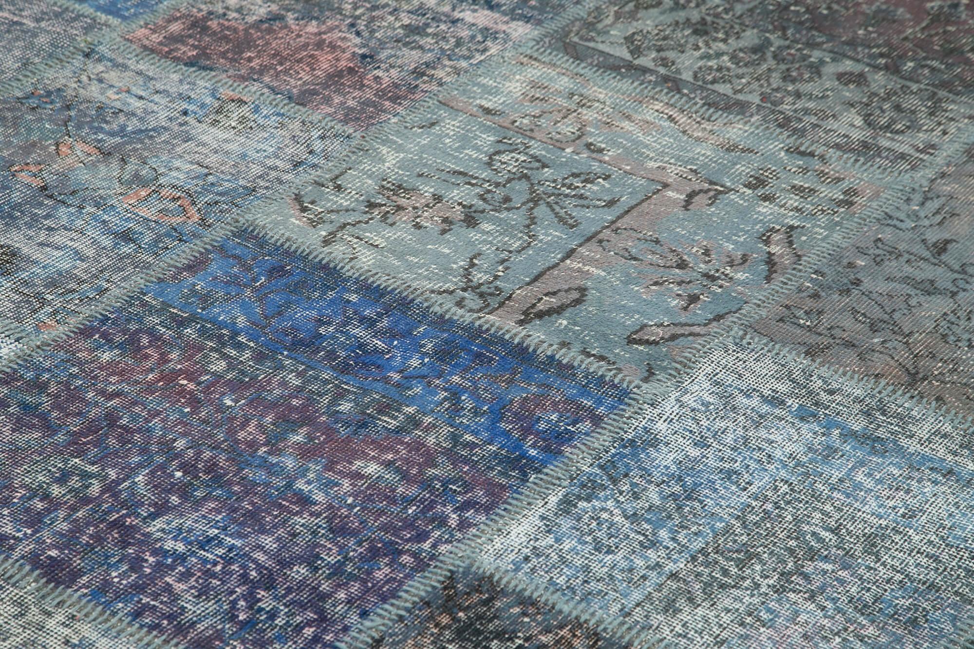 Kırk Yama Mavi Patchwork Pamuk Yün El Dokuma Halısı 253x356 Agacan