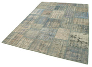 Kırk Yama Mavi Patchwork Pamuk Yün El Dokuma Halısı 175x242 Agacan