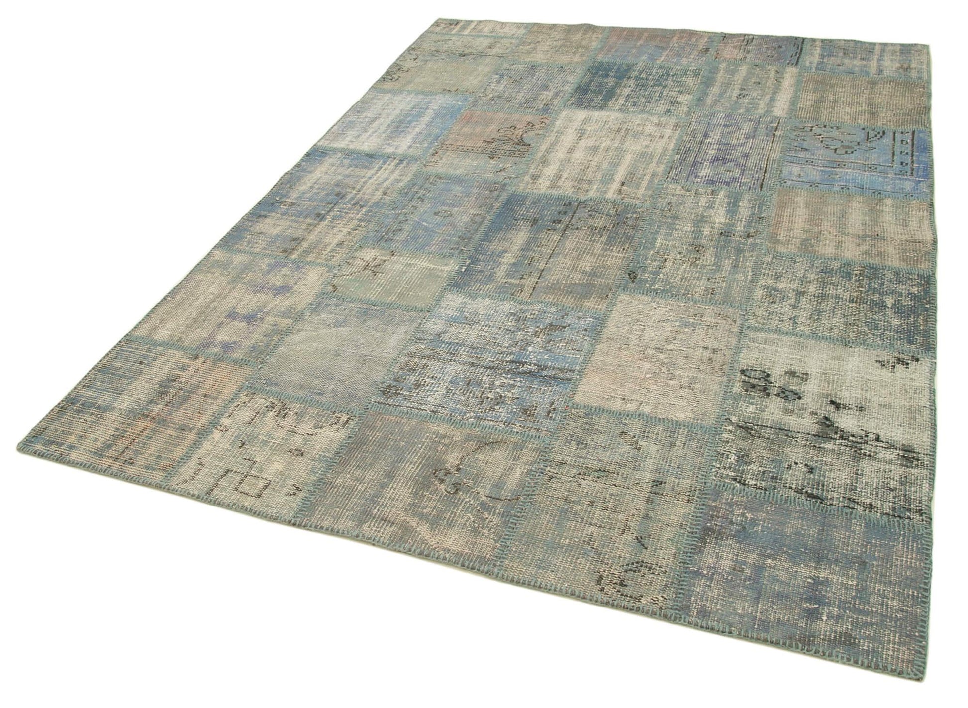 Kırk Yama Mavi Patchwork Pamuk Yün El Dokuma Halısı 175x242 Agacan