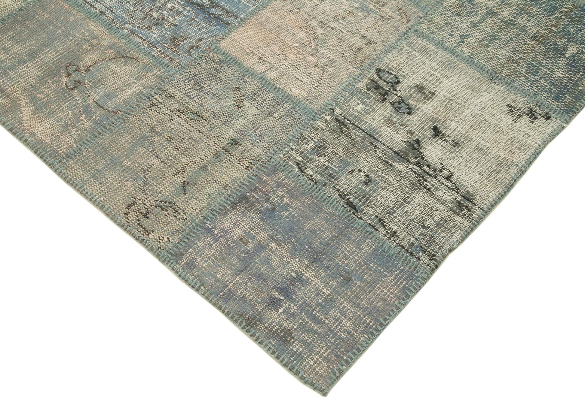 Kırk Yama Mavi Patchwork Pamuk Yün El Dokuma Halısı 175x242 Agacan