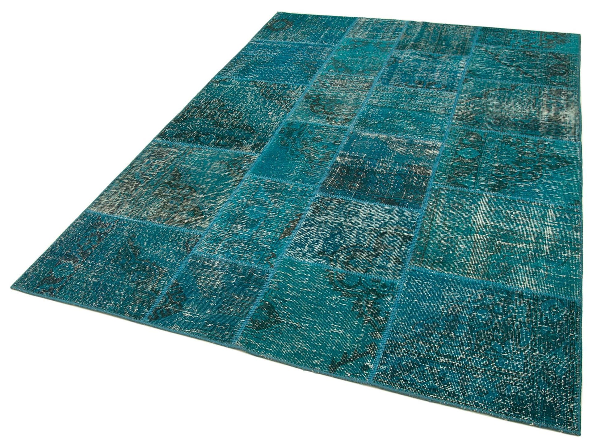Kırk Yama Turkuaz Patchwork Pamuk Yün El Dokuma Halısı 170x241 Agacan
