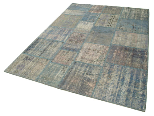 Kırk Yama Mavi Patchwork Pamuk Yün El Dokuma Halısı 175x242 Agacan