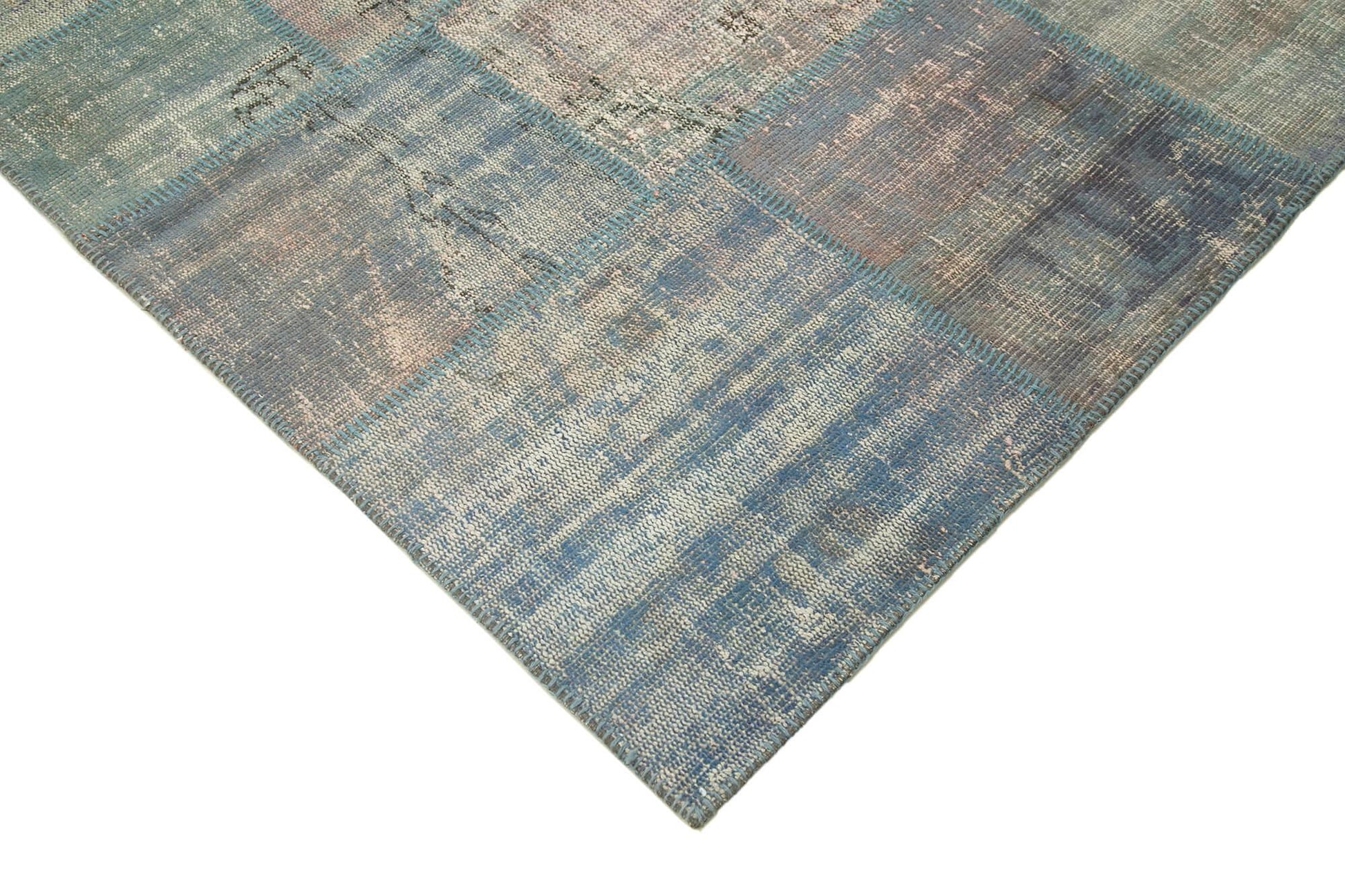 Kırk Yama Mavi Patchwork Pamuk Yün El Dokuma Halısı 175x242 Agacan