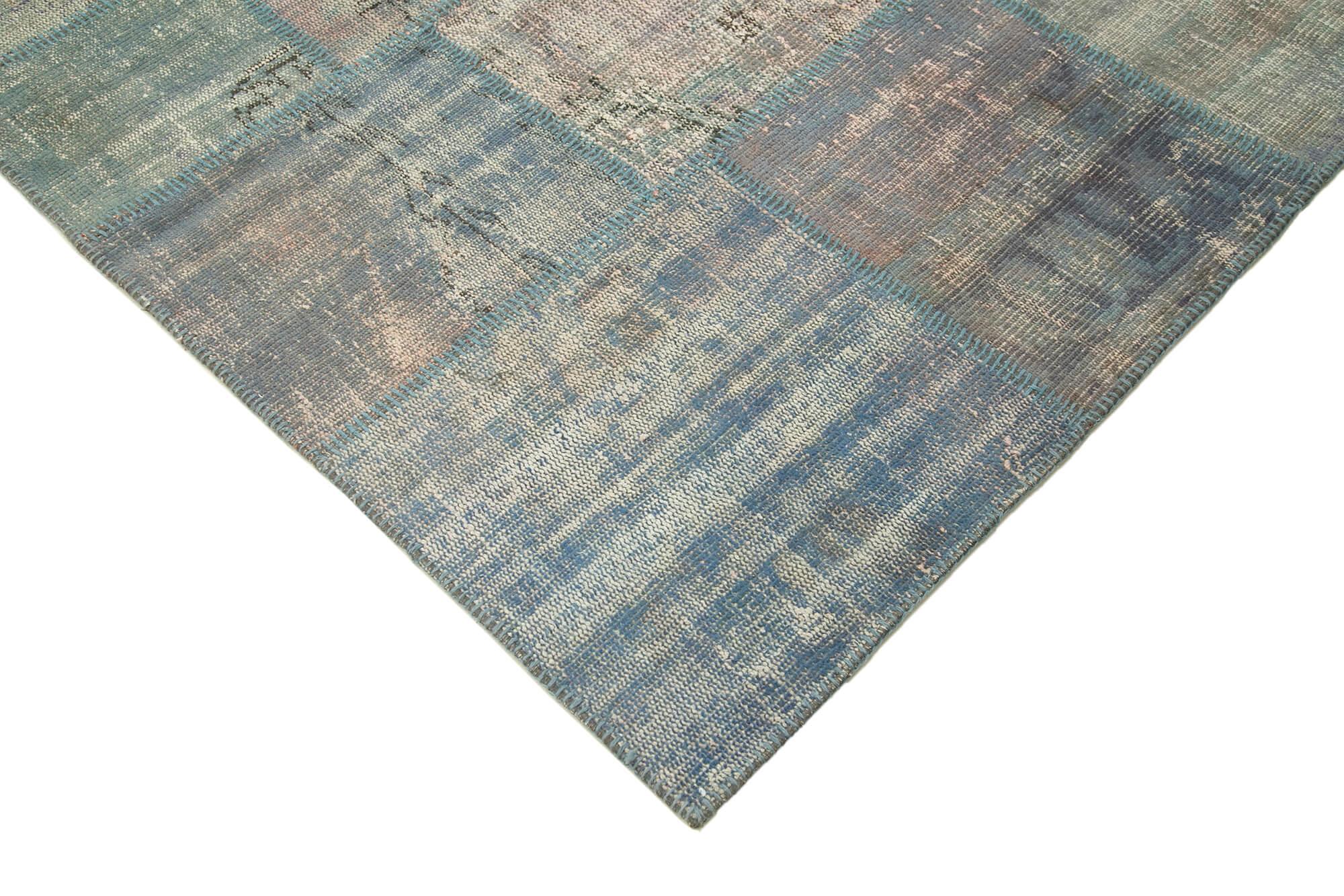 Kırk Yama Mavi Patchwork Pamuk Yün El Dokuma Halısı 175x242 Agacan