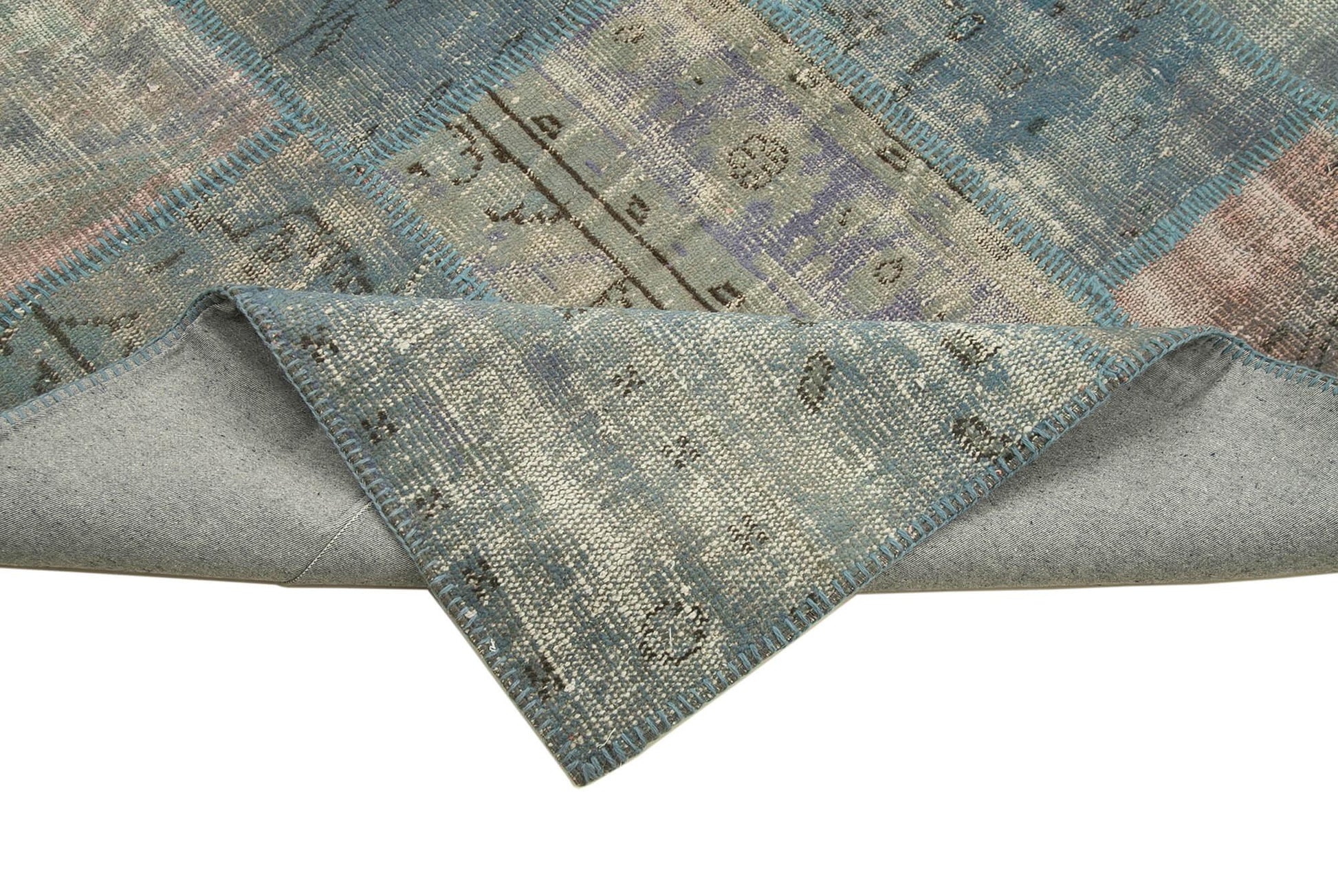 Kırk Yama Mavi Patchwork Pamuk Yün El Dokuma Halısı 175x242 Agacan