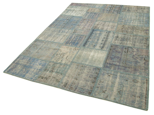 Kırk Yama Mavi Patchwork Pamuk Yün El Dokuma Halısı 175x244 Agacan