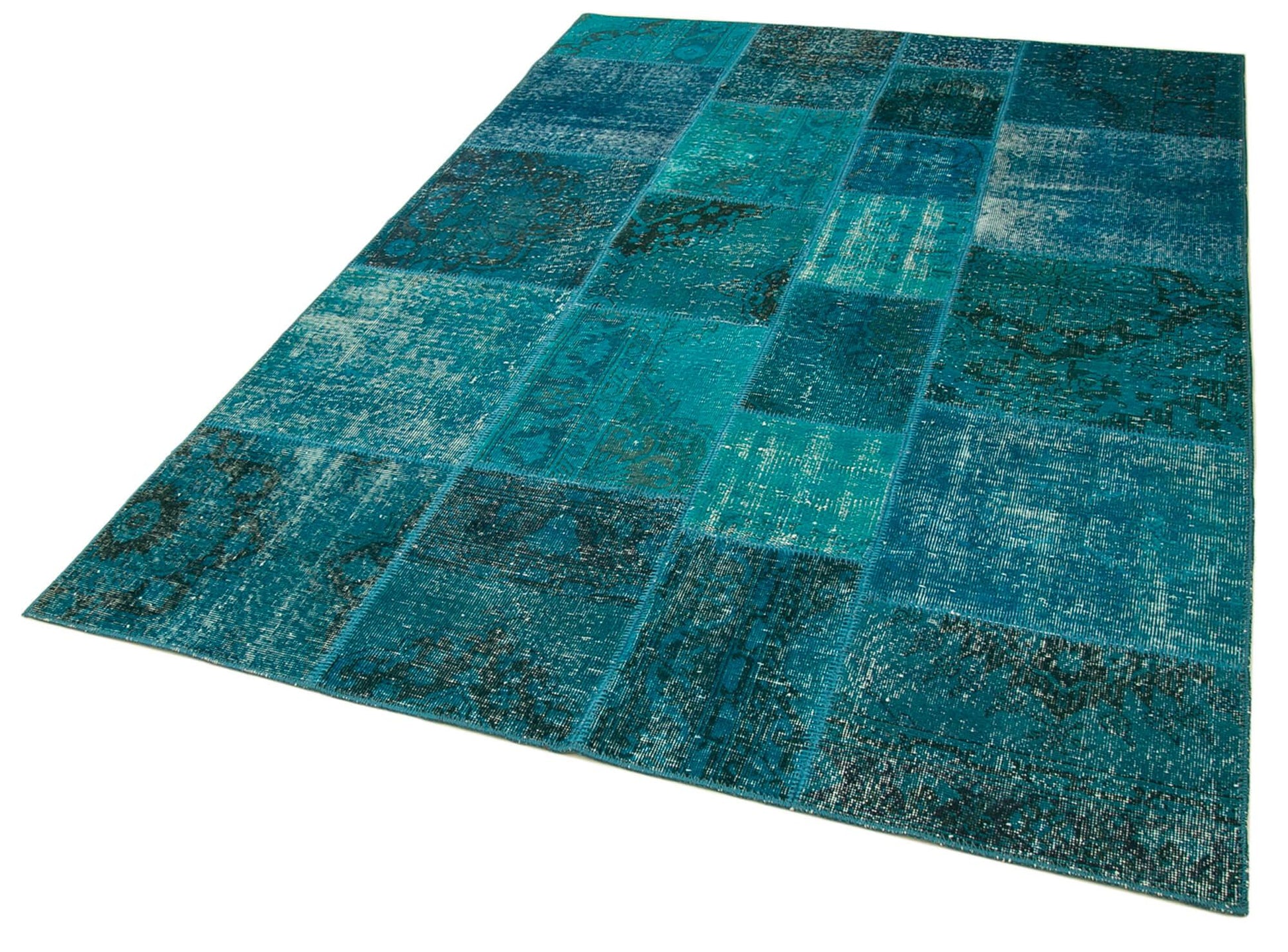 Kırk Yama Turkuaz Patchwork Pamuk Yün El Dokuma Halısı 170x239 Agacan