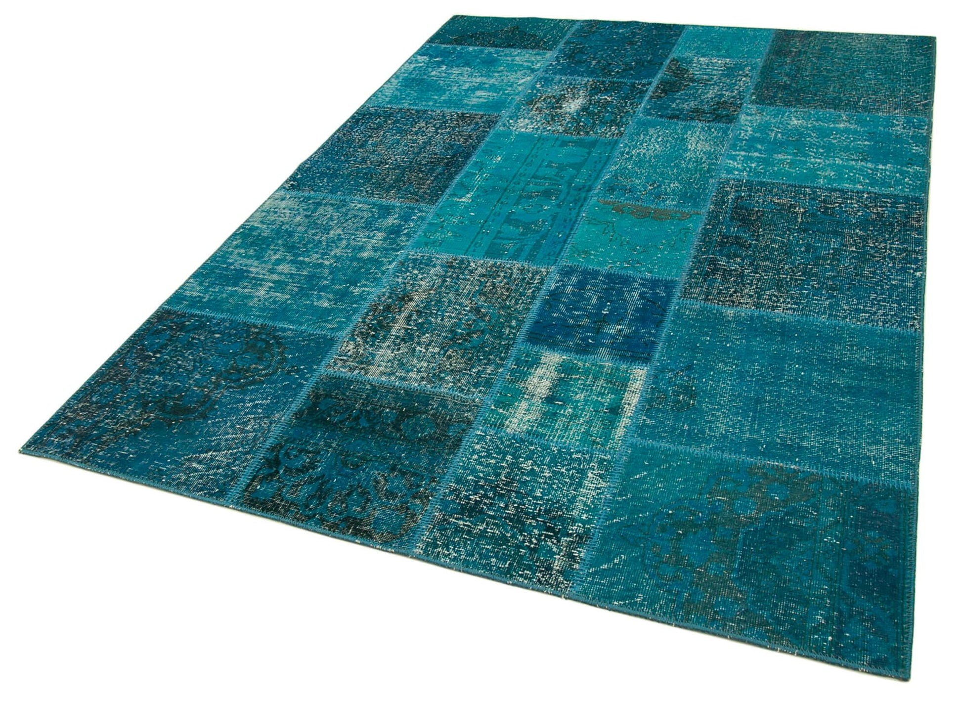 Kırk Yama Turkuaz Patchwork Pamuk Yün El Dokuma Halısı 169x243 Agacan