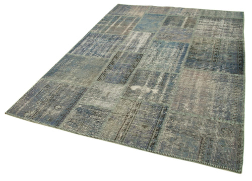 Kırk Yama Mavi Patchwork Pamuk Yün El Dokuma Halısı 174x243 Agacan