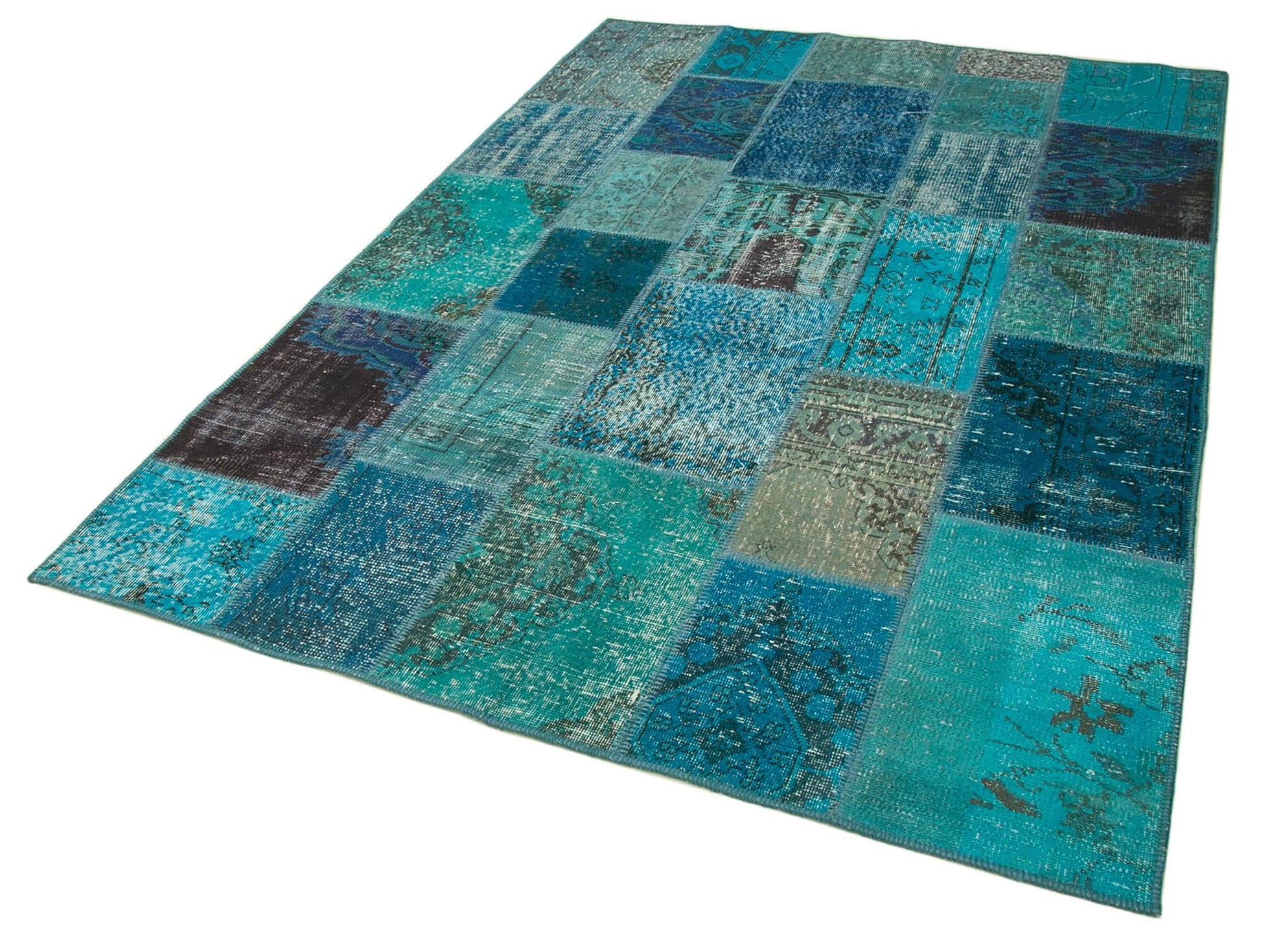 Kırk Yama Turkuaz Patchwork Pamuk Yün El Dokuma Halısı 170x242 Agacan