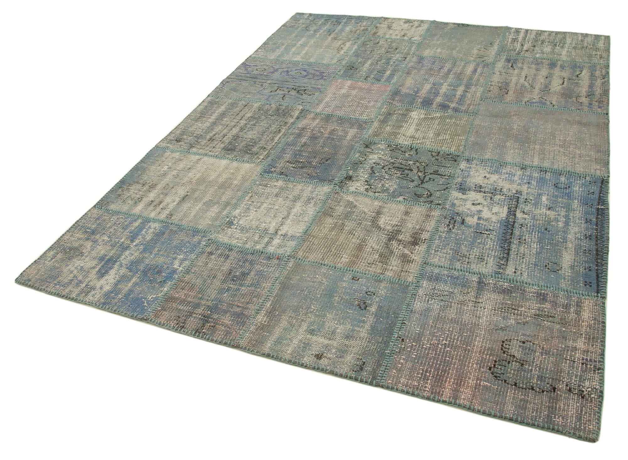 Kırk Yama Mavi Patchwork Pamuk Yün El Dokuma Halısı 175x244 Agacan