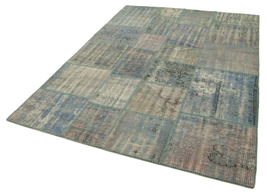 Kırk Yama Mavi Patchwork Pamuk Yün El Dokuma Halısı 175x244 Agacan