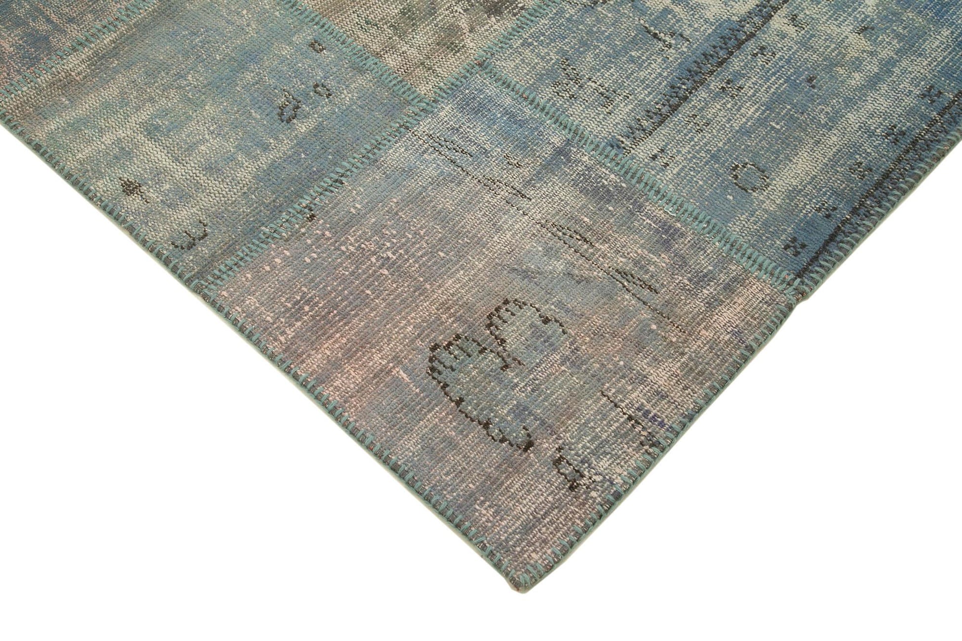 Kırk Yama Mavi Patchwork Pamuk Yün El Dokuma Halısı 175x244 Agacan