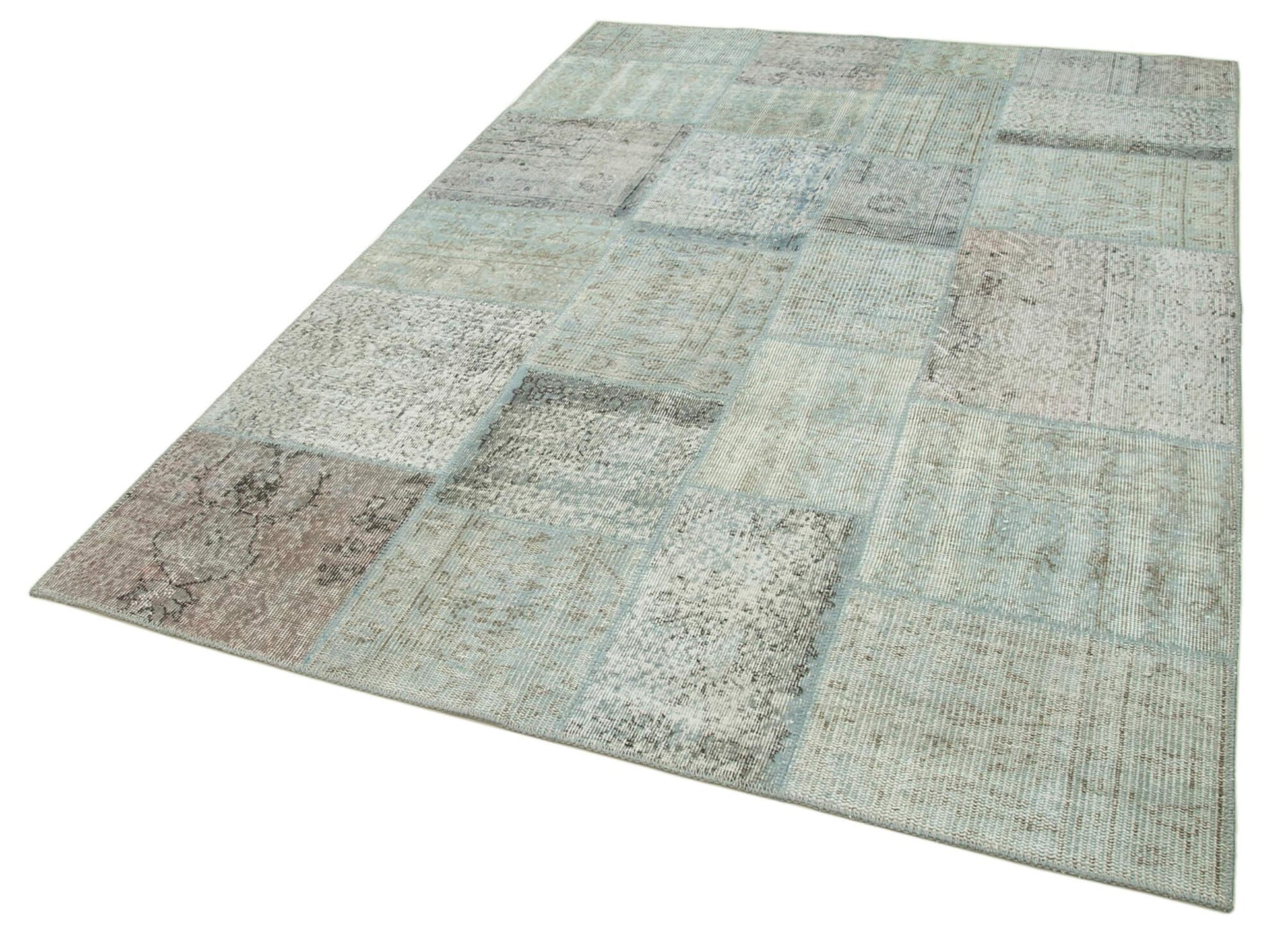Kırk Yama Mavi Patchwork Pamuk Yün El Dokuma Halısı 170x240 Agacan