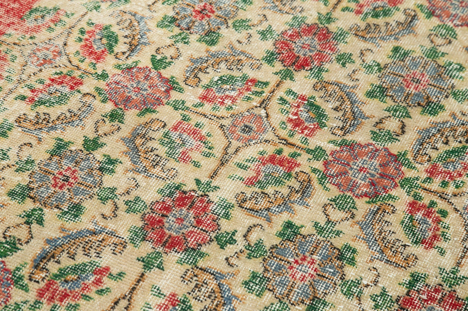 Checkered Vintage Bej Eskitme Pamuk Yün El Dokuma Halısı 115x197 Agacan