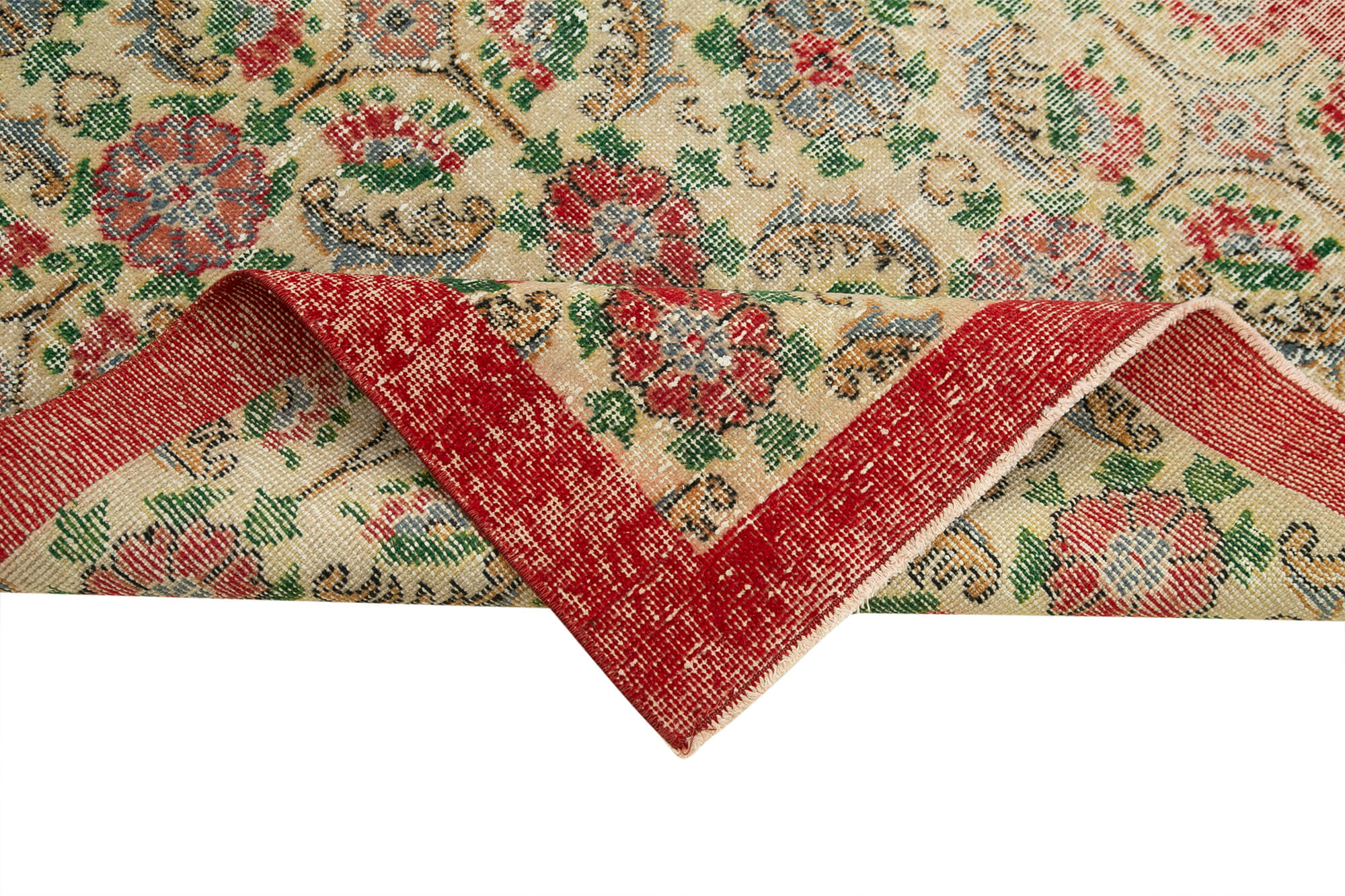 Checkered Vintage Bej Eskitme Pamuk Yün El Dokuma Halısı 115x197 Agacan