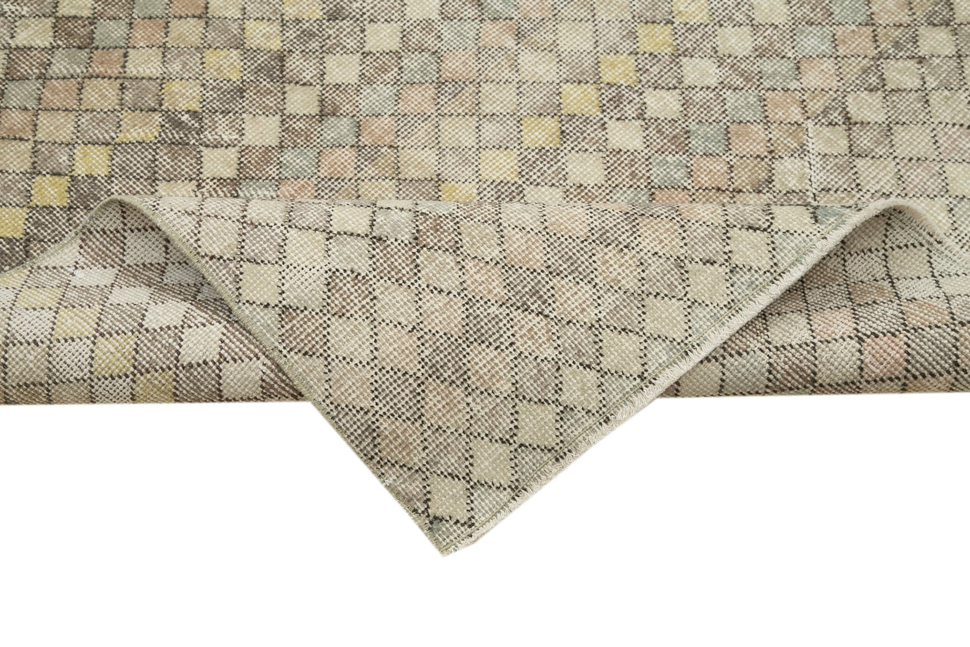 Checkered Kilim Bej Damalı Pamuk Yün El Dokuma Halısı 142x270 Agacan