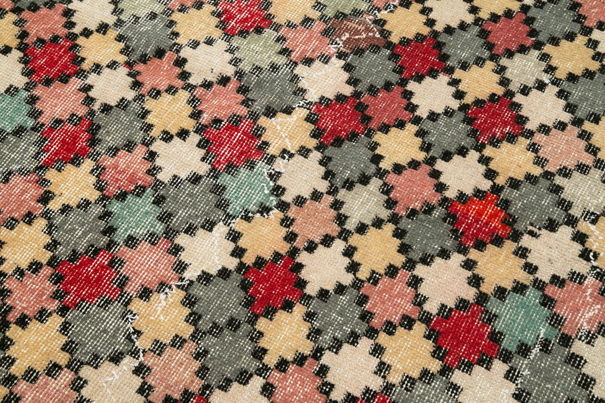Checkered Kilim Beyaz Damalı Pamuk Yün El Dokuma Halısı 167x305 Agacan