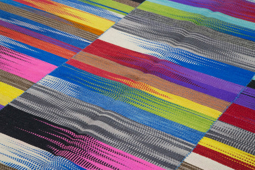 Degrade Kilim Beyaz Çizgili Pamuk Yün El Dokuma Halısı 207x293 Agacan