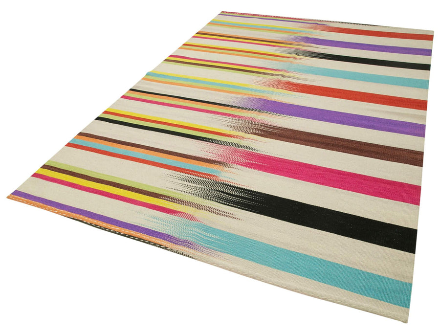 Degrade Kilim Beyaz Çizgili Pamuk Yün El Dokuma Halısı 181x277 Agacan